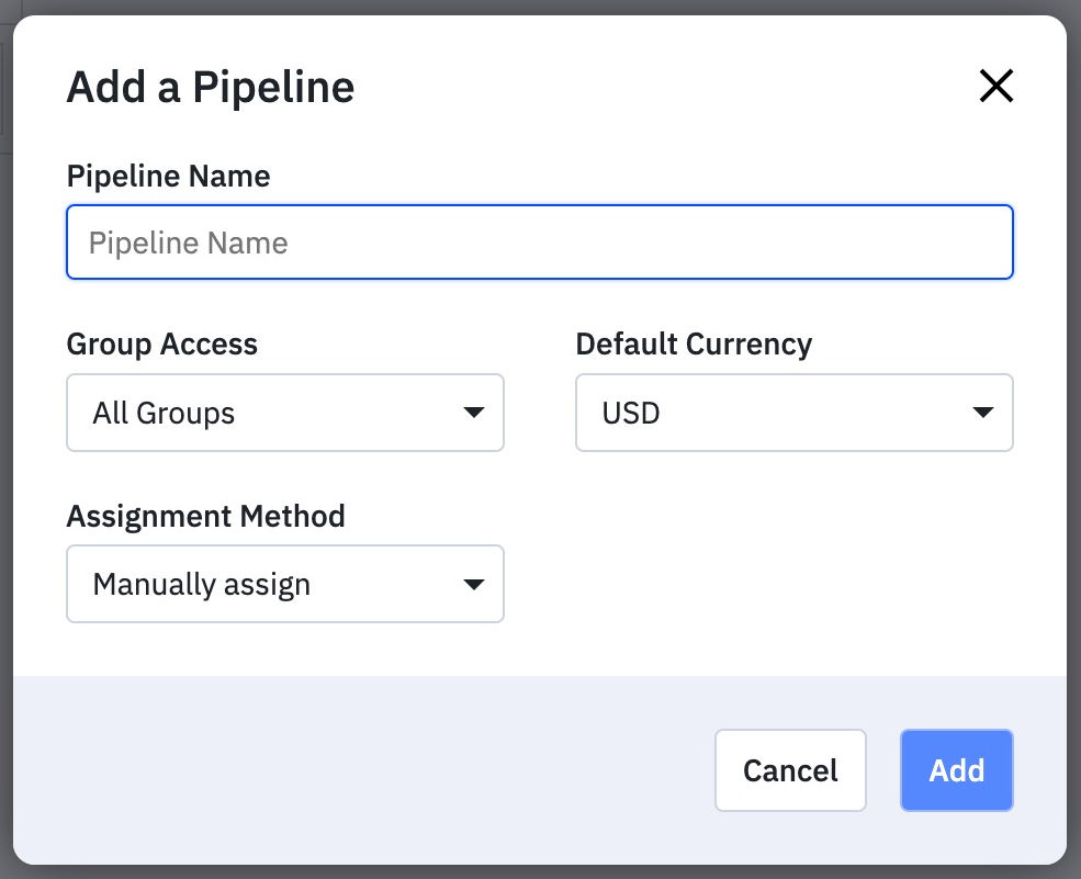 ActiveCampaign CRM add-a-pipeline creation dialog