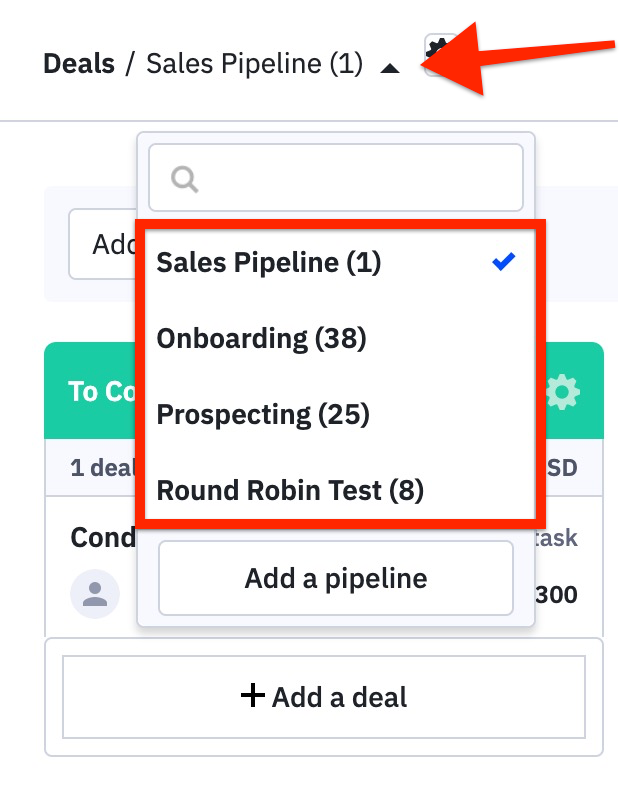 ActiveCampaign pipeline selector dropdown in the deals view