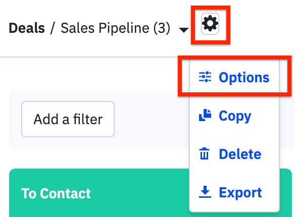 ActiveCampaign pipeline settings menu showing configuration options