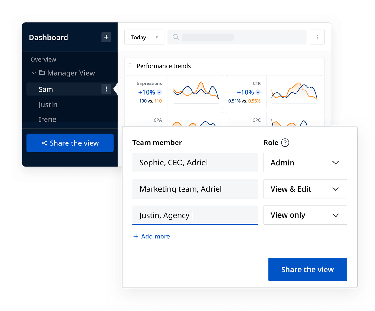 An Adriel live dashboard shared across a team with clients and stakeholders