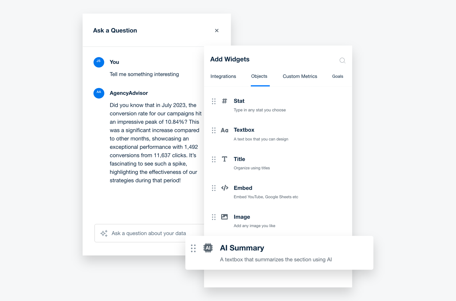 AgencyAI features in AgencyAnalytics generating insights and summaries from client marketing data