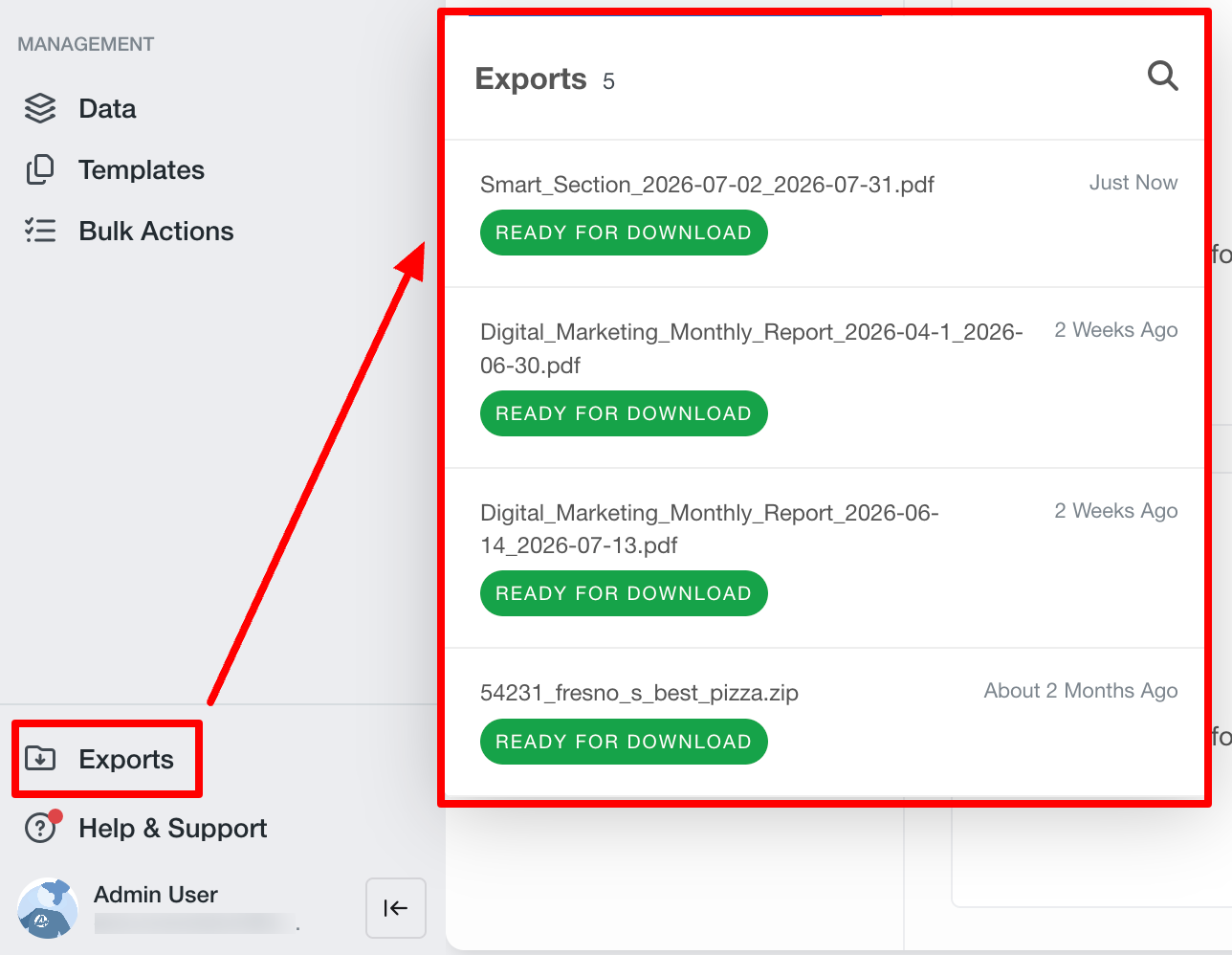 AgencyAnalytics export settings showing which data can be downloaded as CSV files