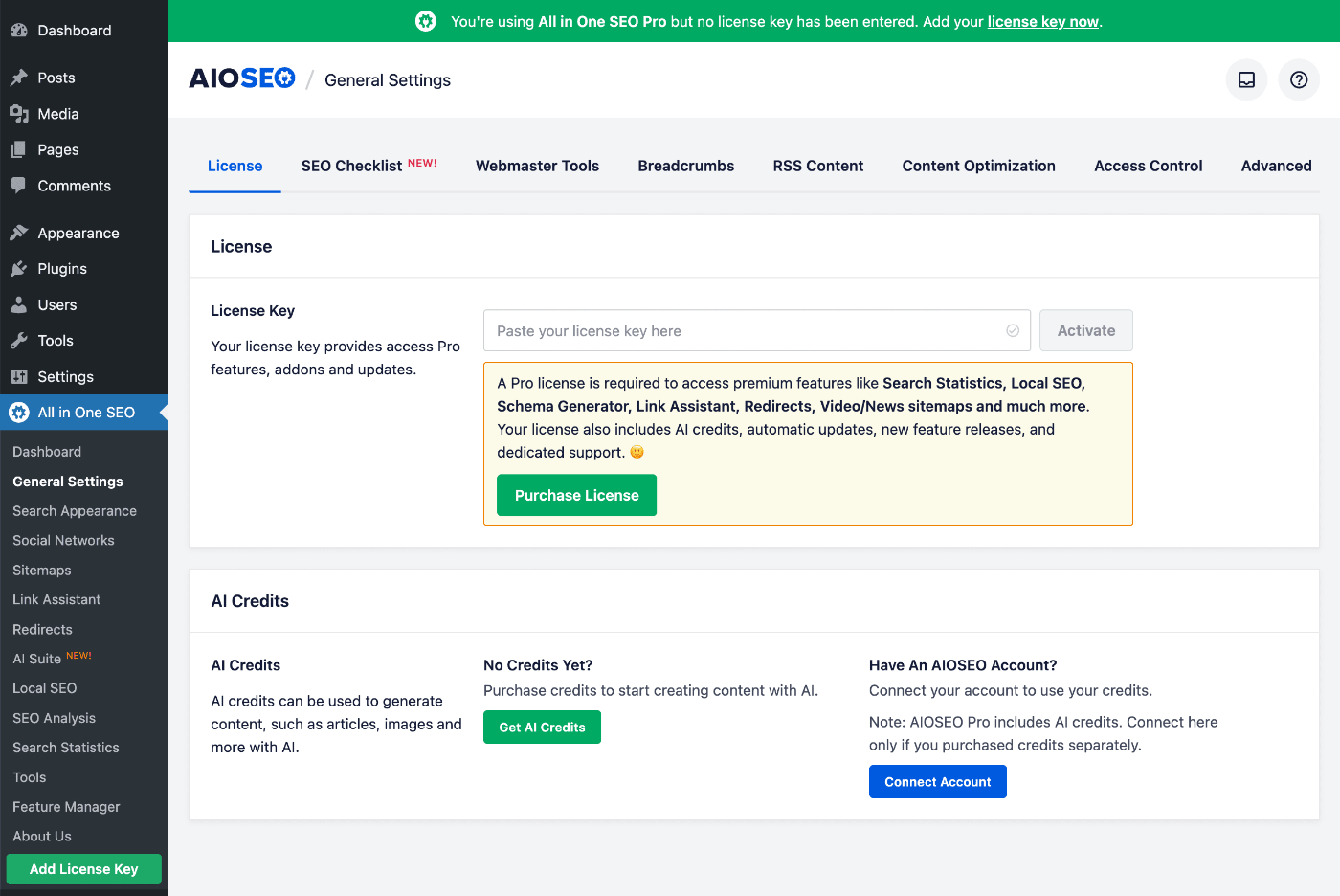 AIOSEO license activation screen inside the WordPress admin