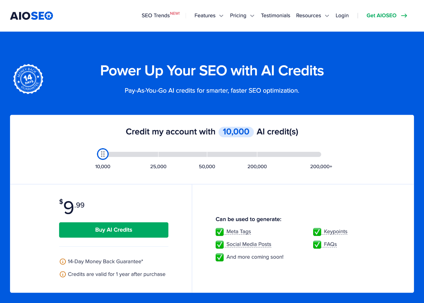 The AIOSEO AI credits pricing page
