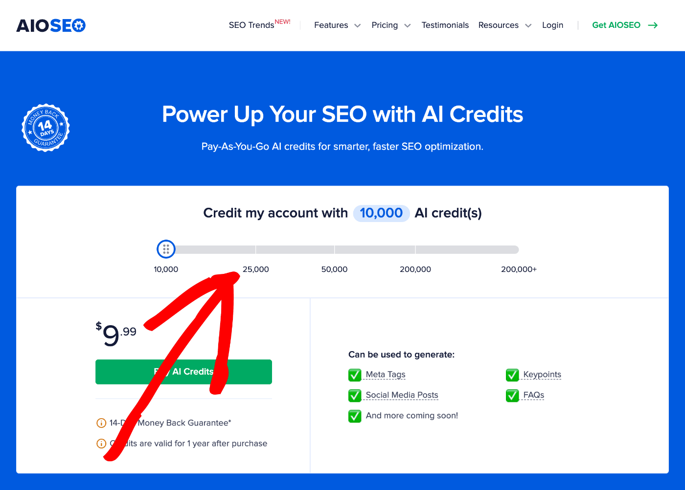 The slider for sizing an AI credit bundle on the AIOSEO credits page