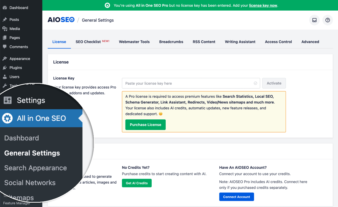 The General Settings menu item in the AIOSEO WordPress admin menu