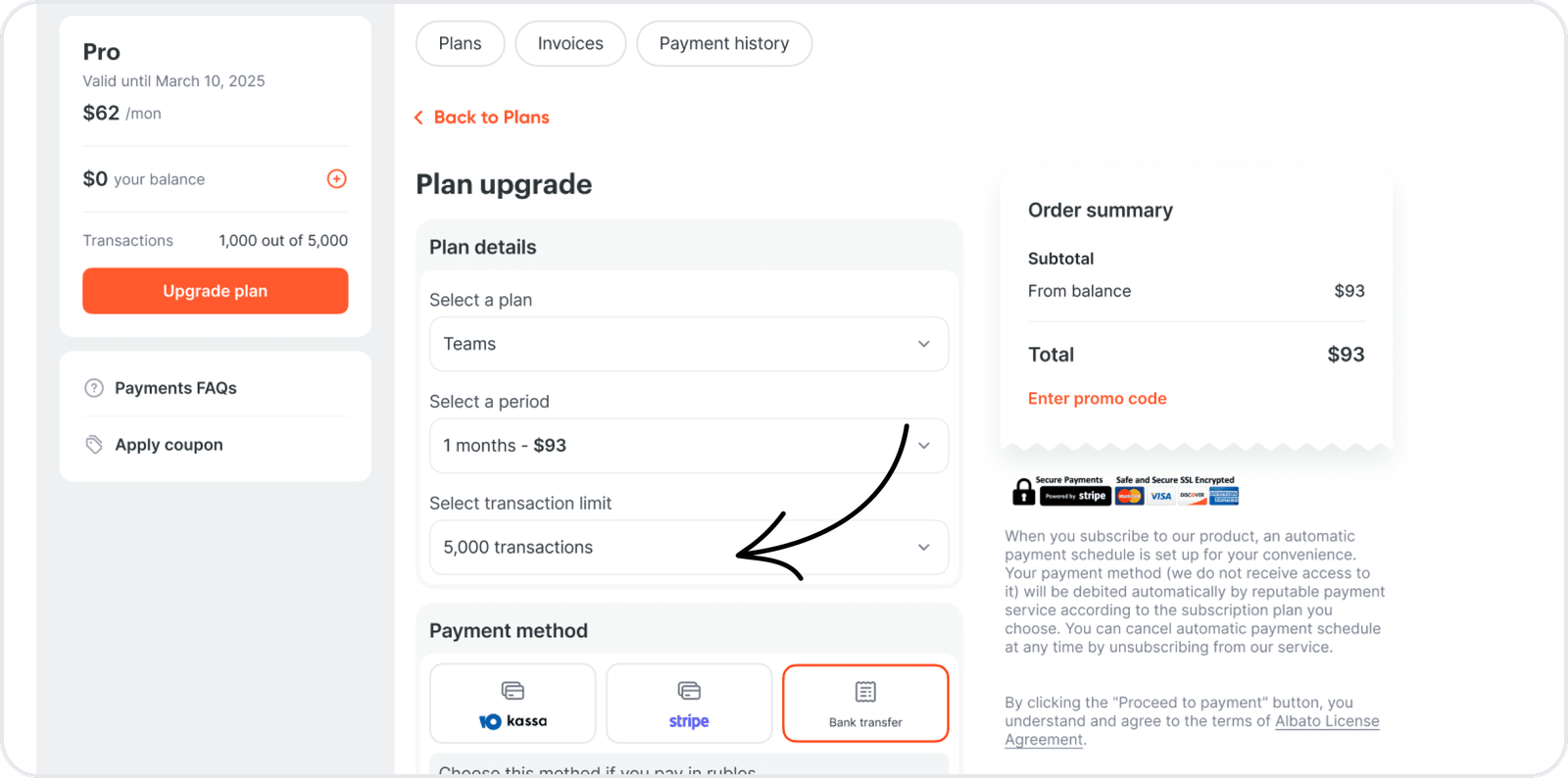 Albato plan upgrade screen with a transaction limit selector and Stripe, bank transfer and YooKassa payment options