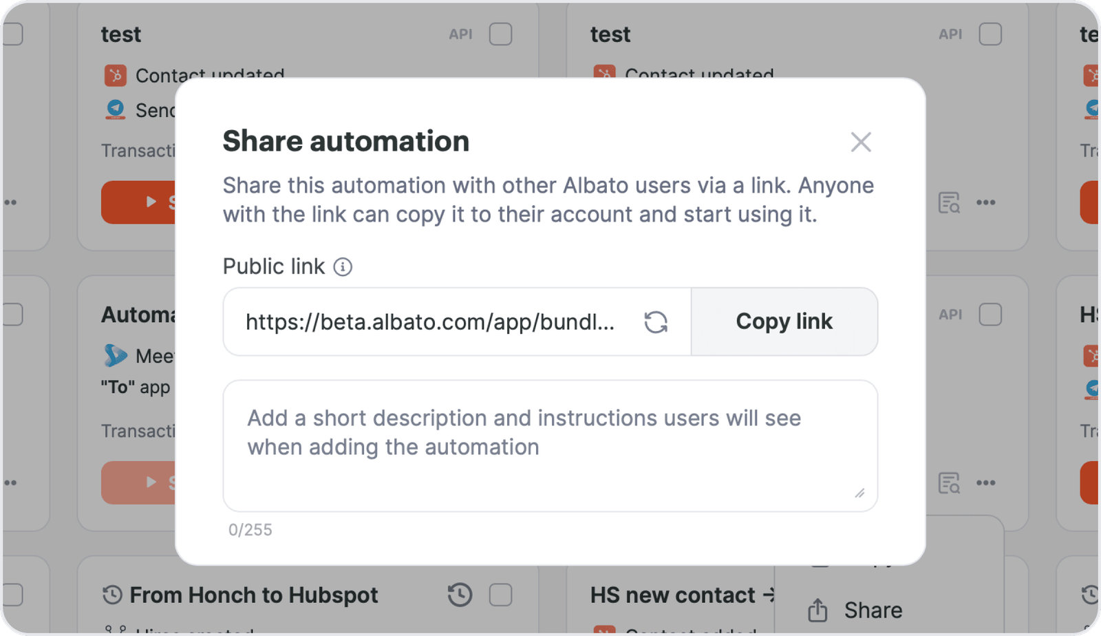 Albato Share automation modal with a public link and a description box