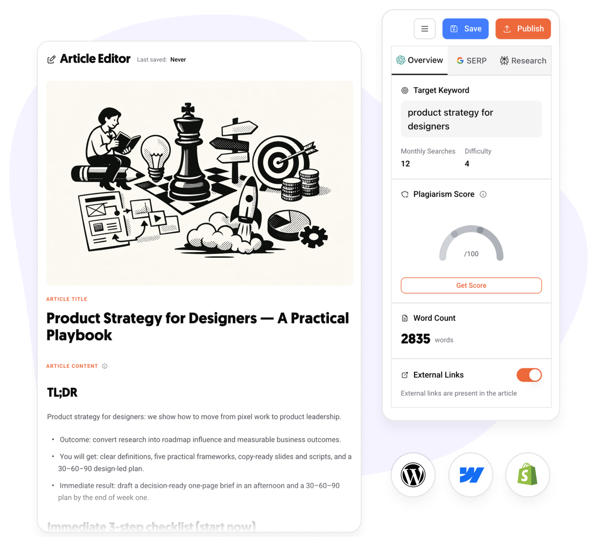 AnswerThePublic Content Studio editor with target keyword, difficulty and WordPress, Webflow and Shopify publishing