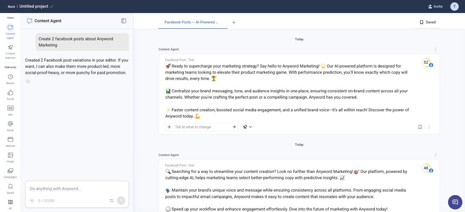 Anyword Content Agent panel writing two Facebook posts that the performance score rates 52 and 48