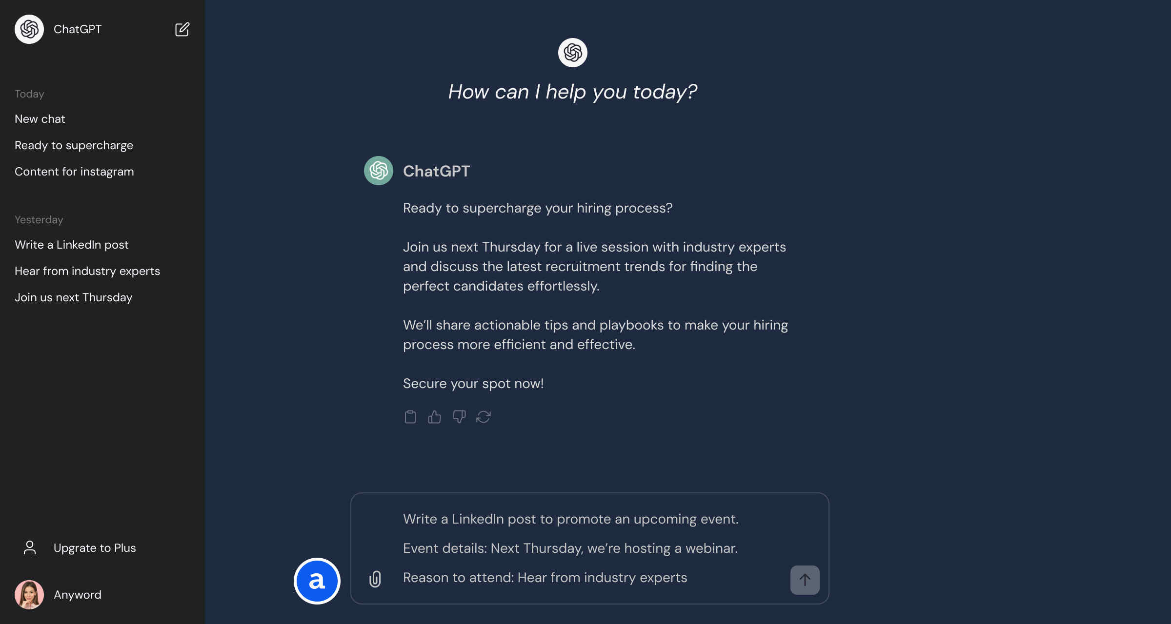 Anyword Chrome extension button inside the ChatGPT message composer
