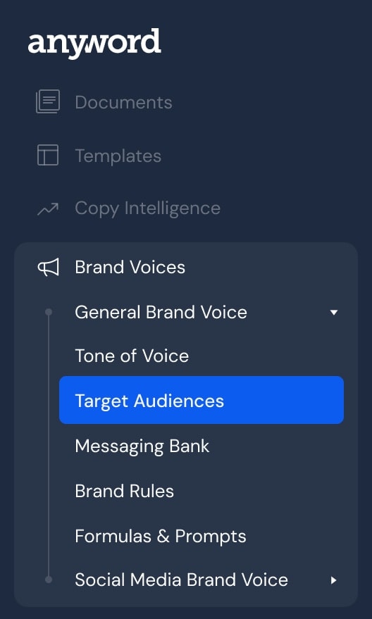Anyword Brand Voices sidebar with tone of voice, target audiences, messaging bank and brand rules