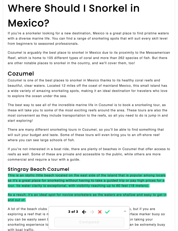 Article Forge editor regenerating one highlighted section of an article, with accept and reject controls
