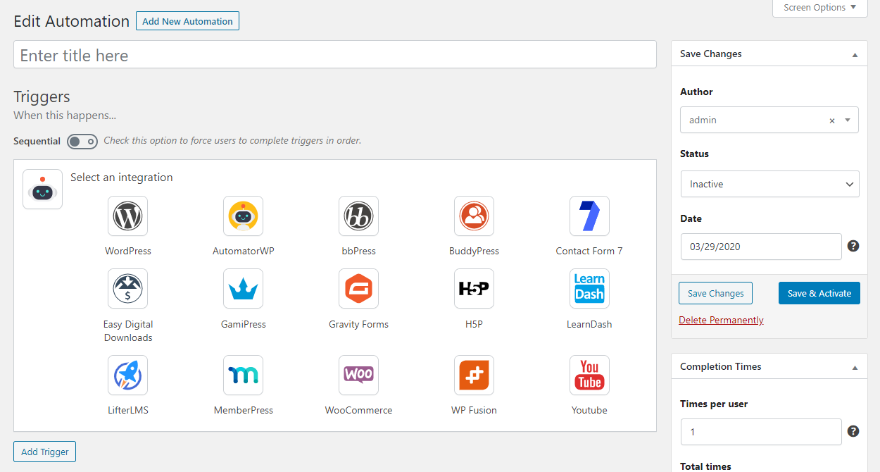 AutomatorWP triggers and actions picker listing integrations with other WordPress plugins