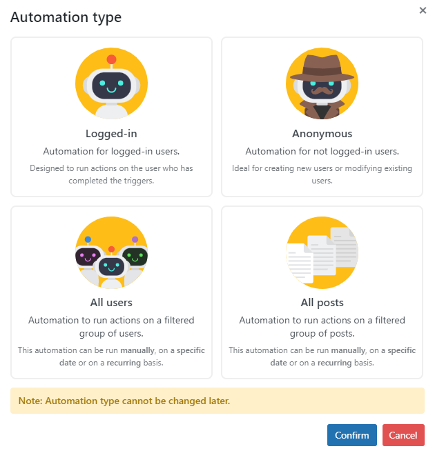 AutomatorWP dialog for choosing an automation type: logged-in, anonymous, all users or all posts
