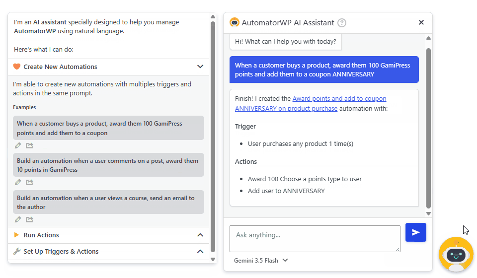 AutomatorWP 6.0 built-in AI Assistant building an automation in wp-admin