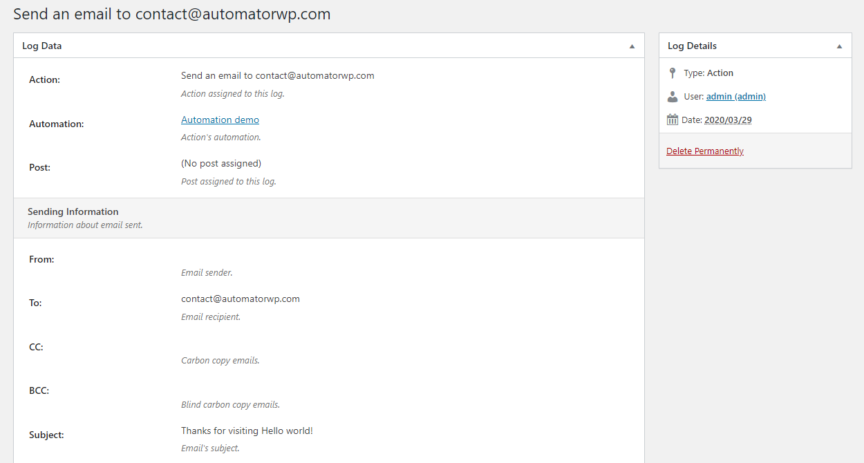 AutomatorWP logs screen showing which users completed which automation