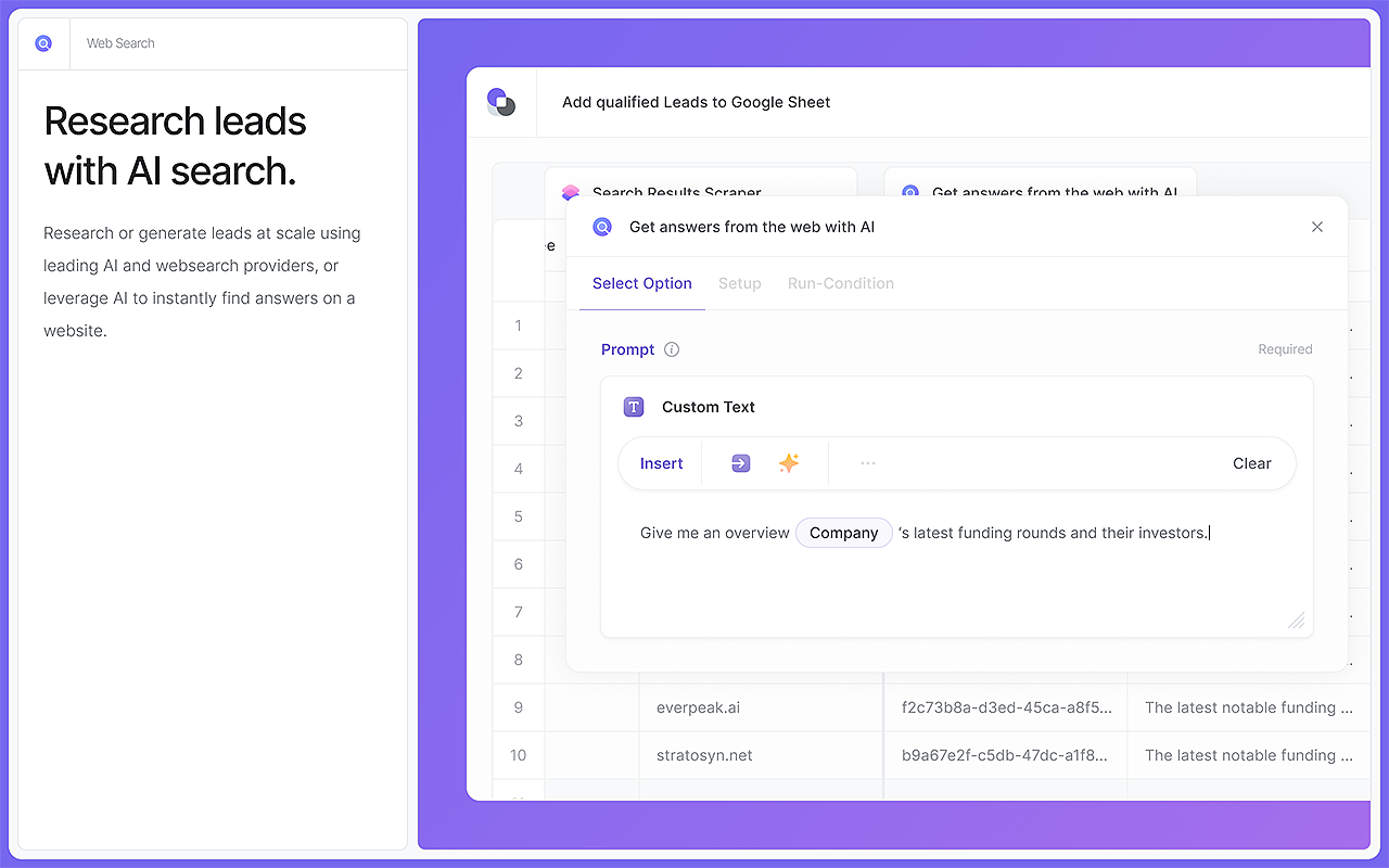 Bardeen AI web search dialog with a prompt asking for a company's funding rounds