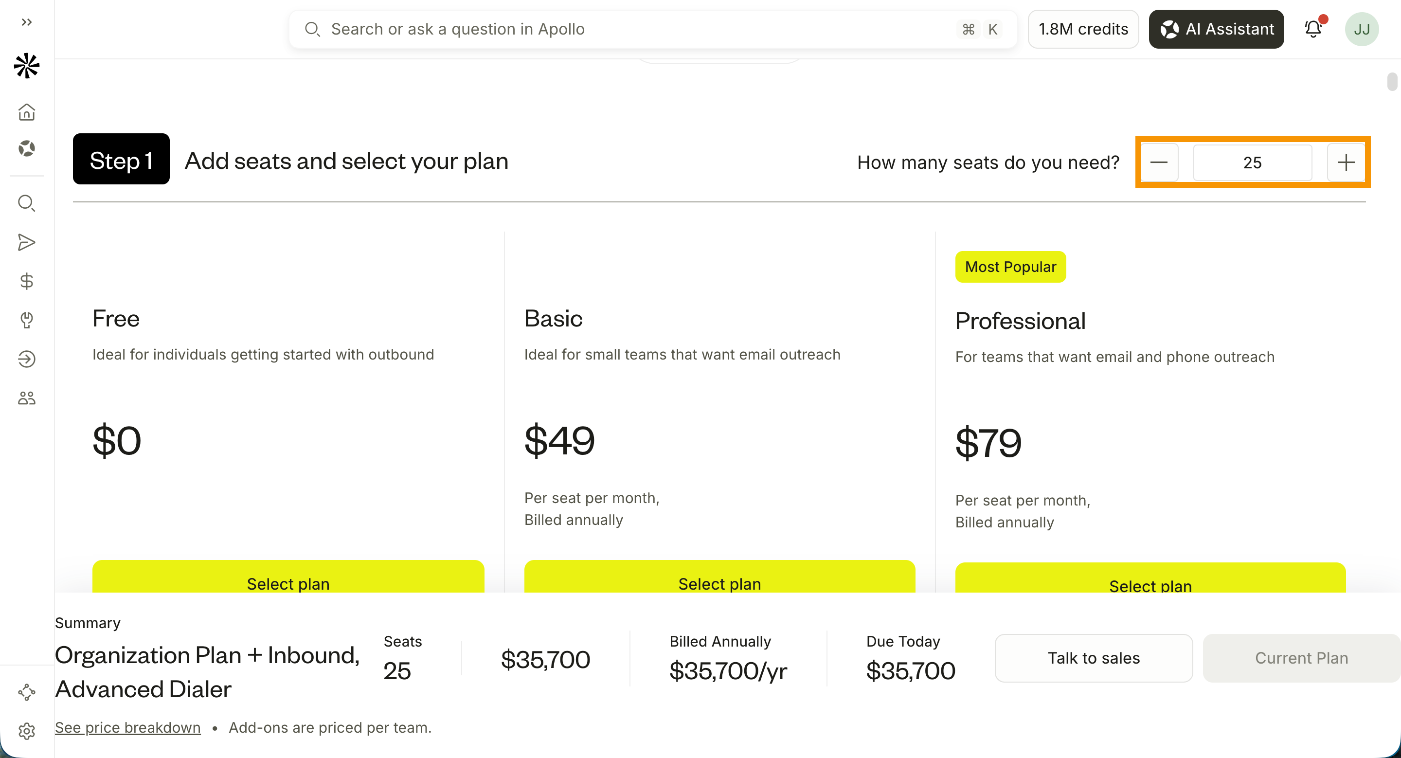 Apollo.io plan picker showing Free, Basic at $49 and Professional at $79 per seat billed annually