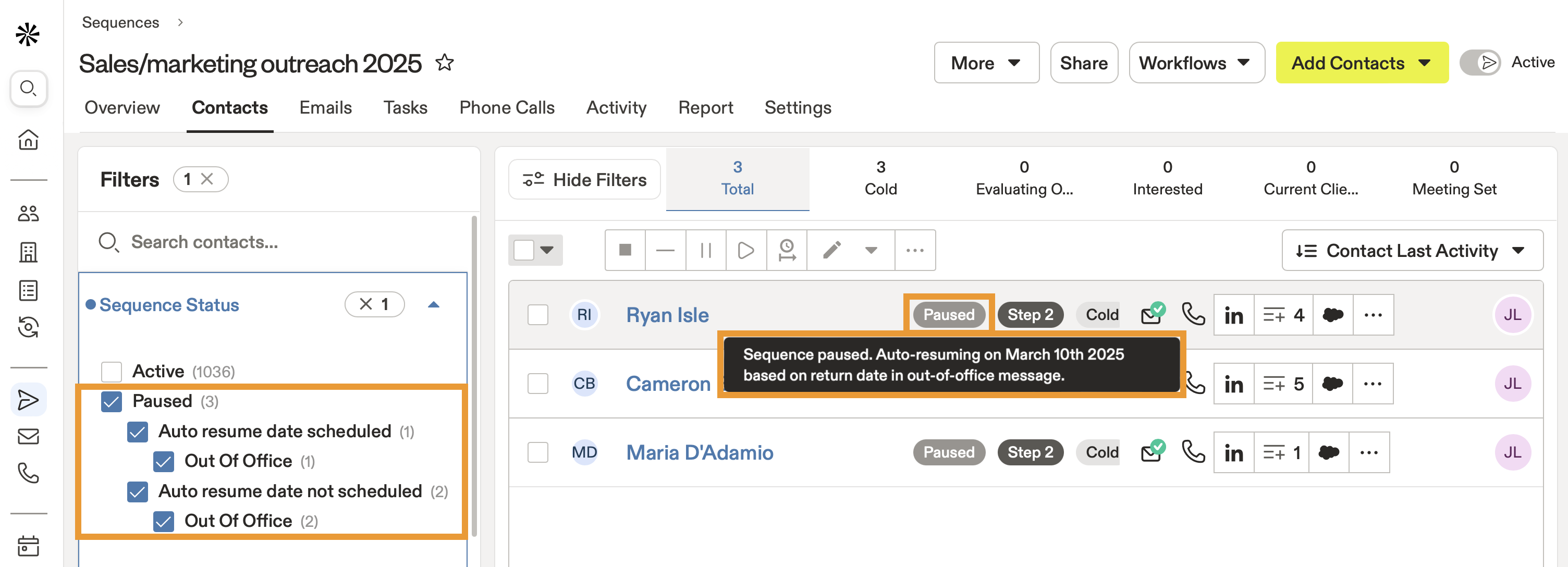 Apollo.io sequence contacts view with step status and phone, LinkedIn and Salesforce actions