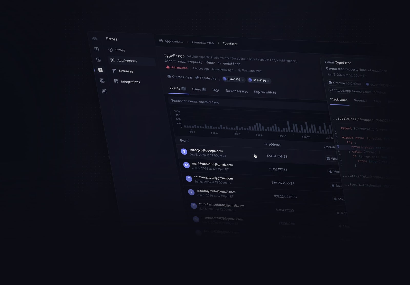 Better Stack Sentry-compatible error tracking view