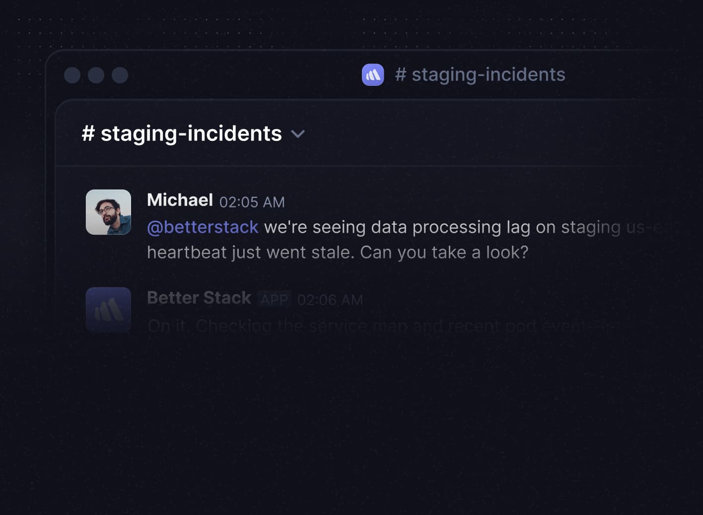 Better Stack AI SRE agent answering an incident question inside Slack