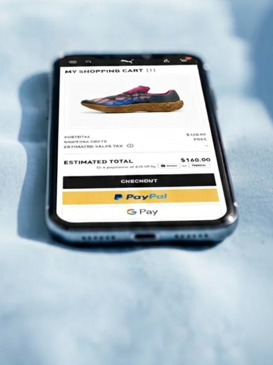 Phone showing a BigCommerce store checkout for shoes with PayPal payment buttons