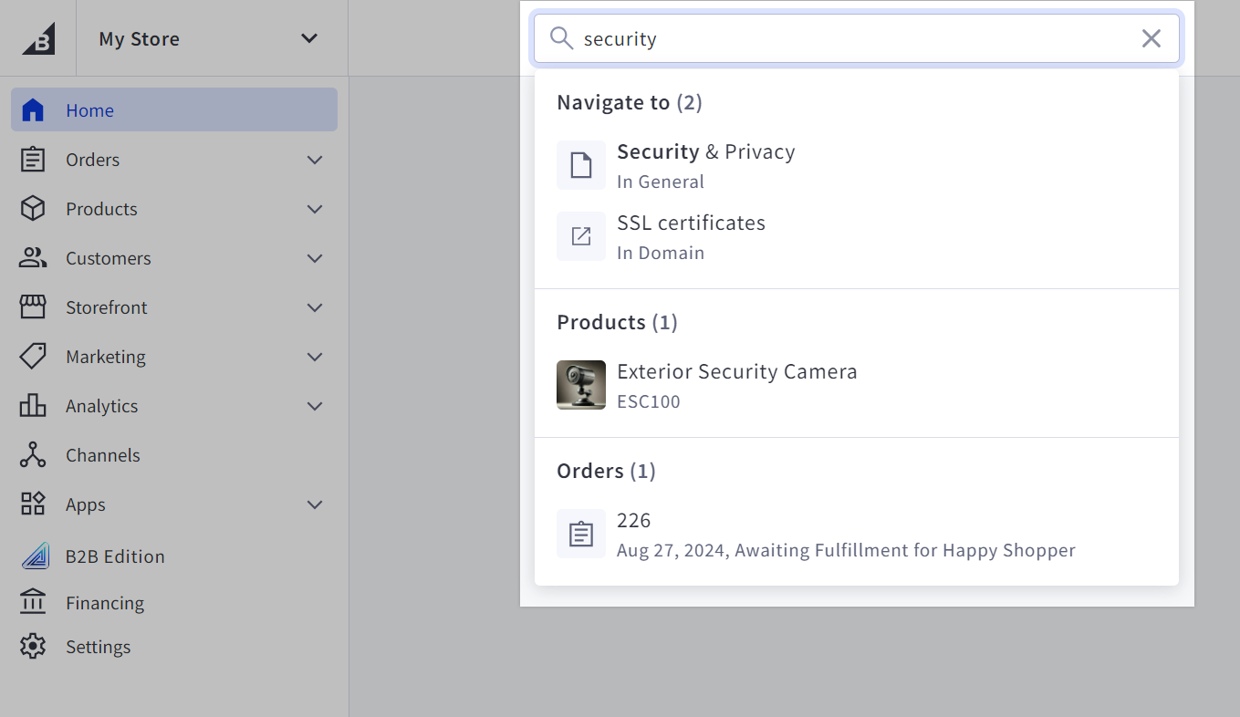 BigCommerce control panel global search returning products, orders and settings