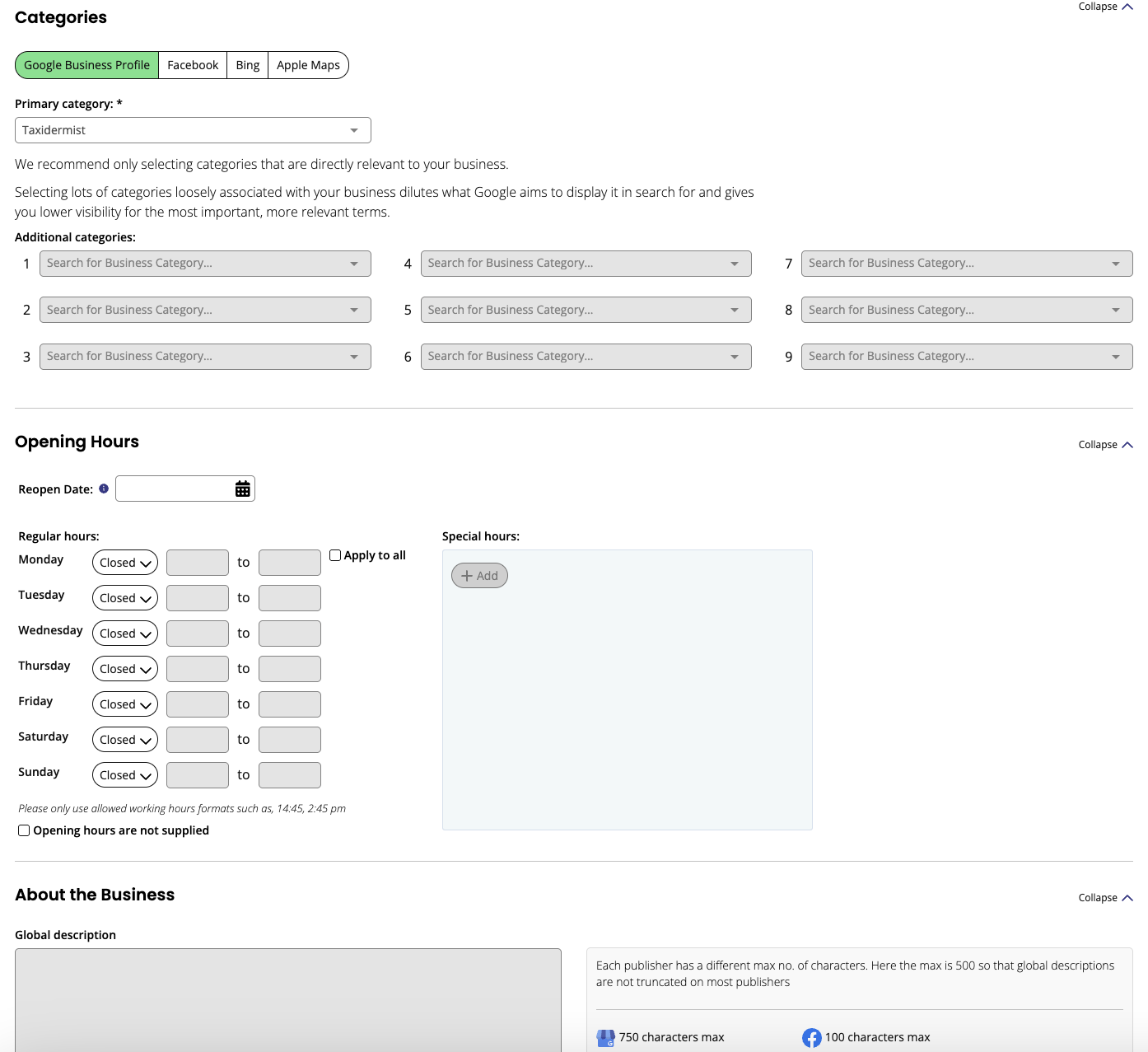 BrightLocal Active Sync editor setting categories and opening hours once for Google Business Profile, Facebook, Bing and Apple Maps
