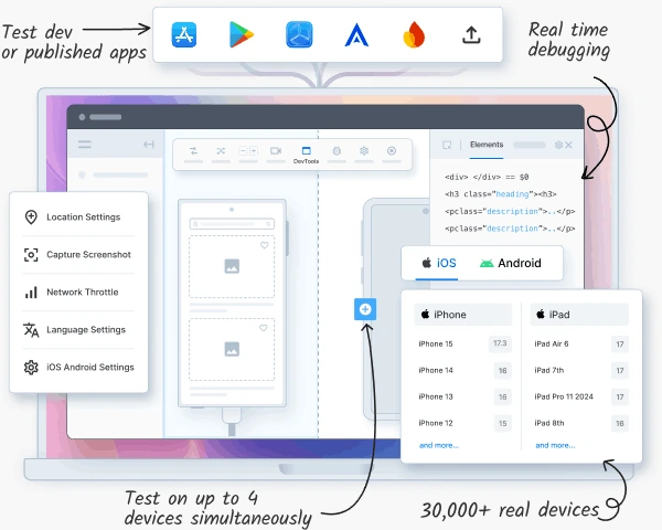 BrowserStack App Live illustration of picking a real phone or tablet to open an app on