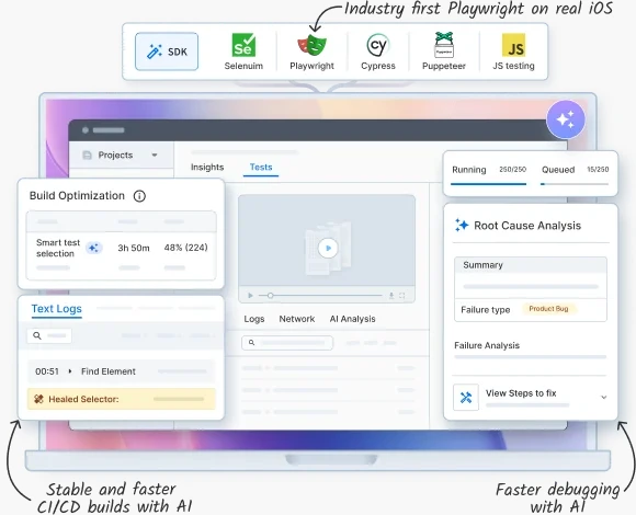BrowserStack Automate dashboard illustration with 250 of 250 parallels running and 15 tests queued