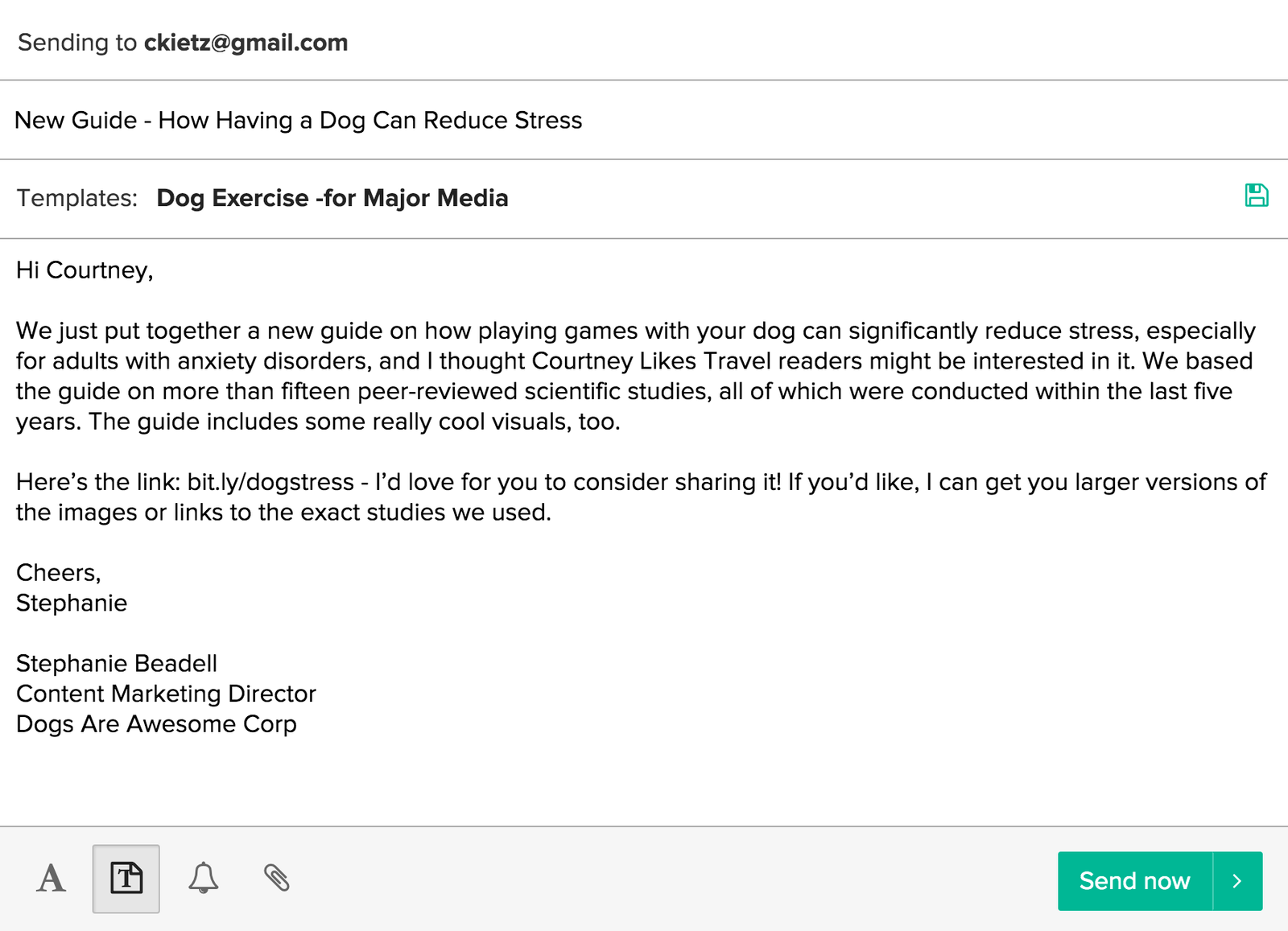 BuzzStream compose window with a saved pitch template filled in for a media contact