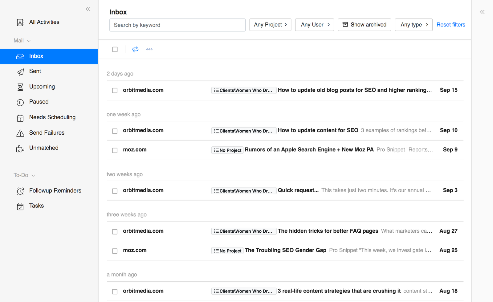 BuzzStream inbox with folders for upcoming, paused and unmatched emails and a follow-up reminder list