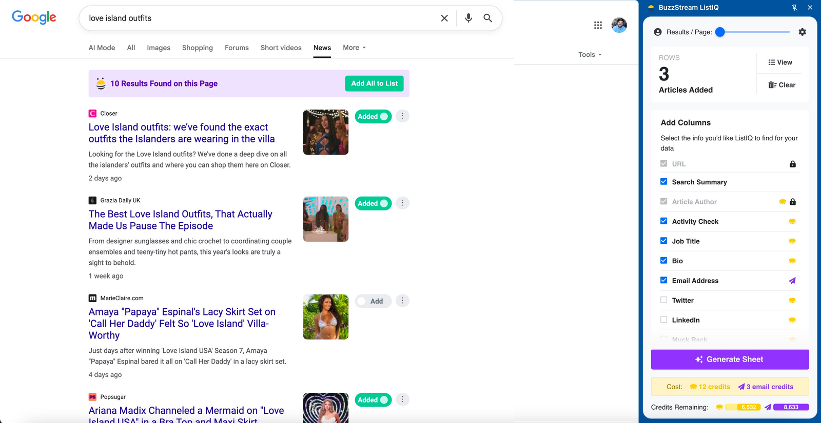 ListIQ Chrome extension building a journalist list from Google News results, showing the credit cost