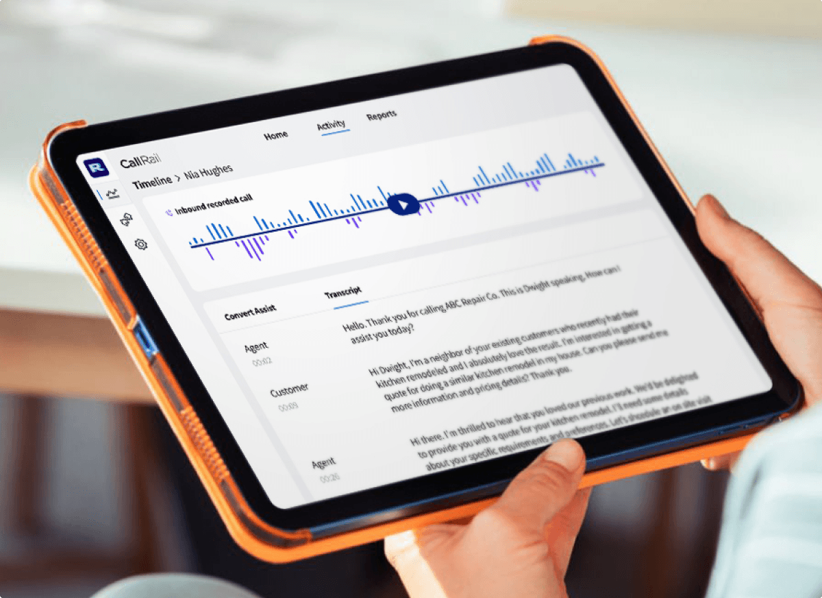 CallRail call recording with waveform and automatic transcript in Conversation Intelligence