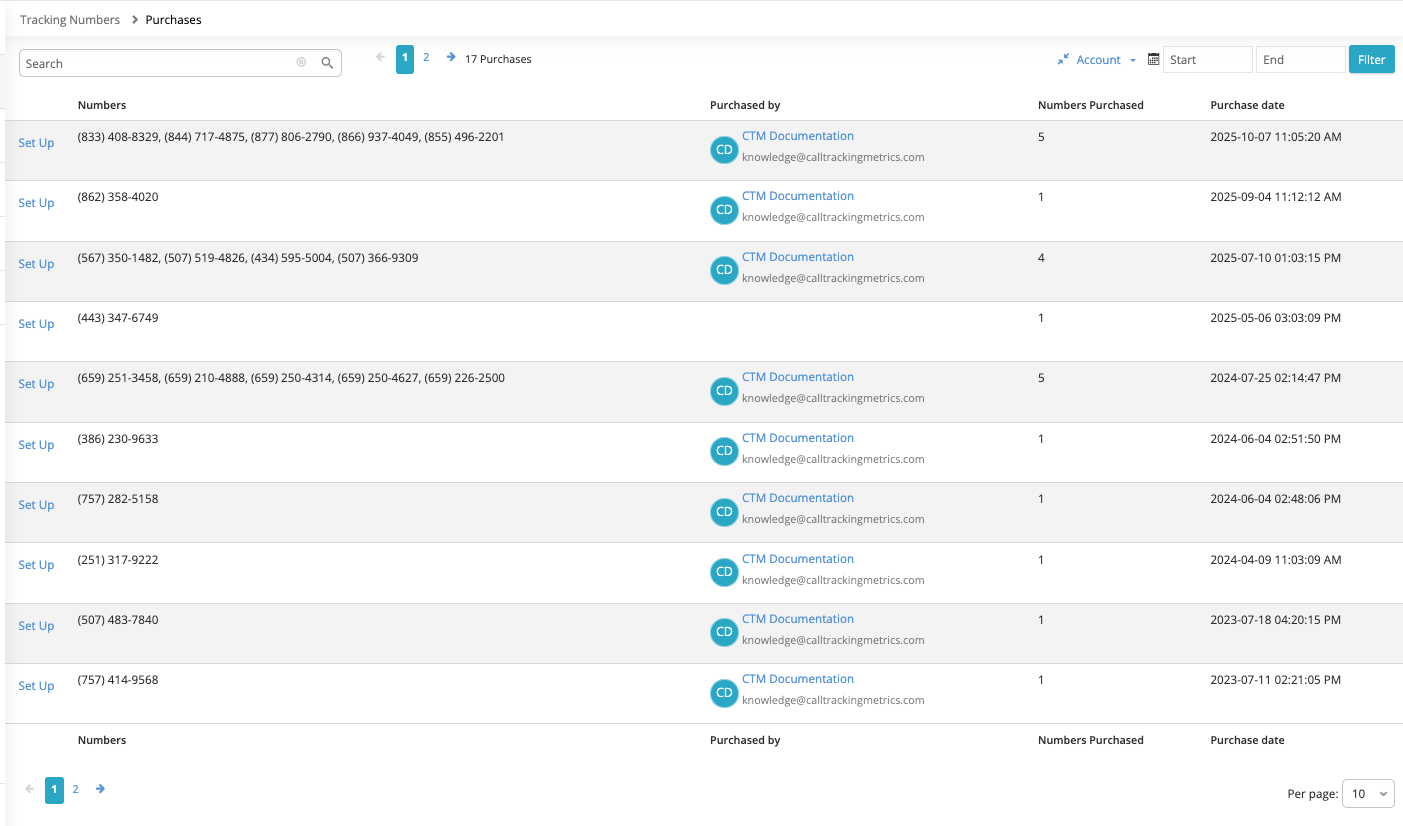 CTM tracking number purchase screen - every number is billed on top of the plan fee
