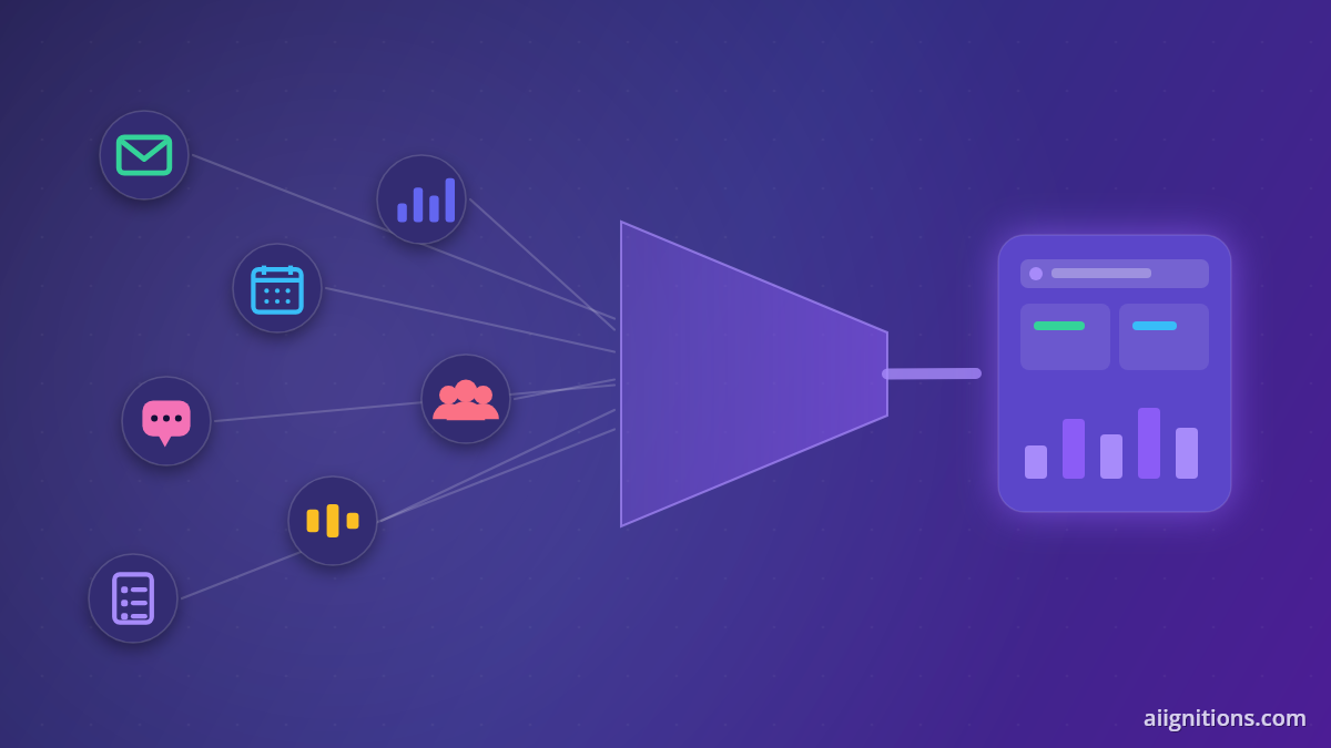 Illustration of Centripe consolidating CRM, funnel builder, email and SMS automation, and AI agents into one dashboard