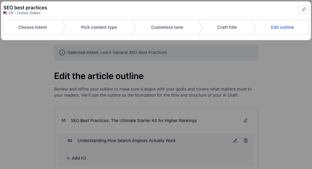 Clearscope AI draft generation workflow inside the content editor