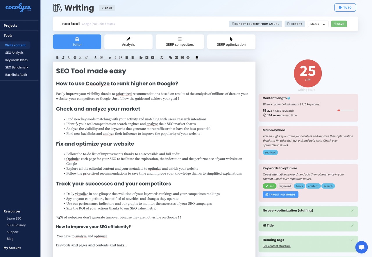 Cocolyze SEO Writing Assistant editor with a writing score of 25 out of 100 and a list of optimisation recommendations