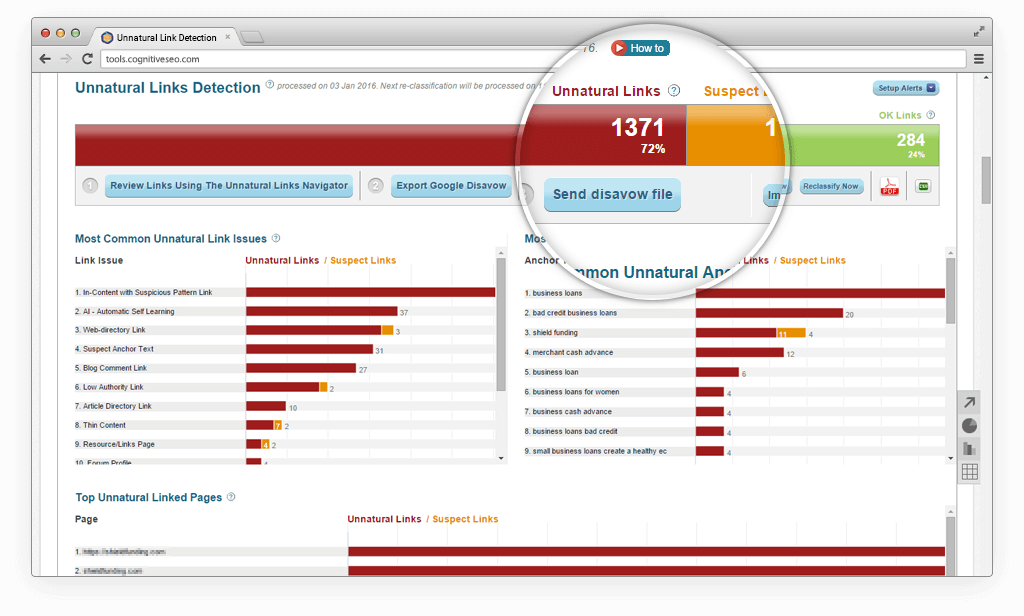 cognitiveSEO unnatural link classifier sorting backlinks into natural, suspect and unnatural