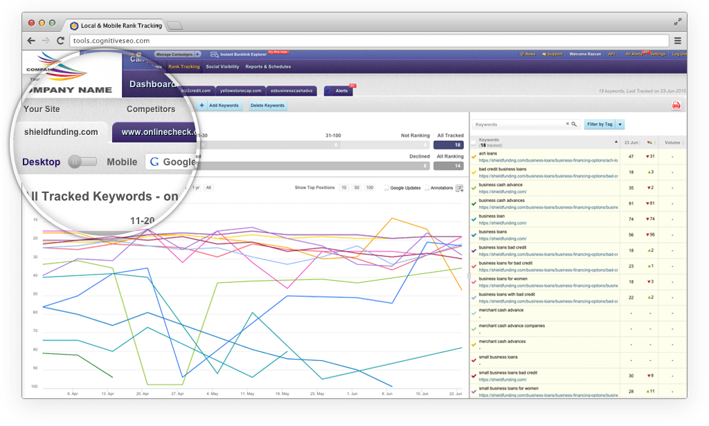 cognitiveSEO rank tracker comparing keyword rankings against competitors