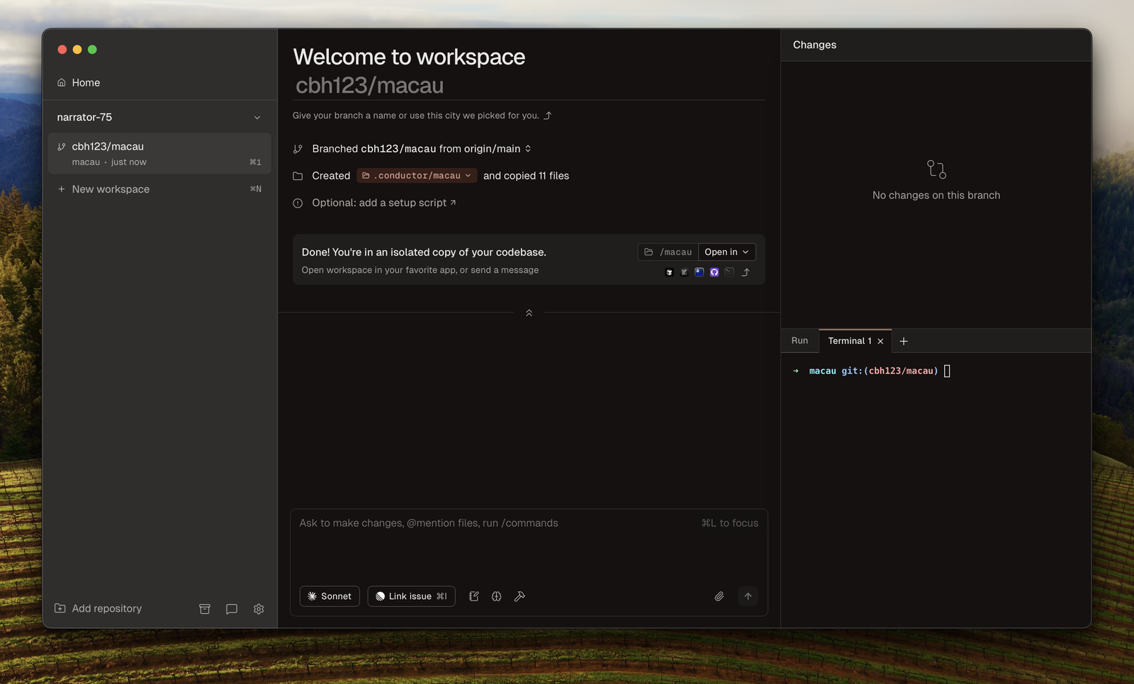 Conductor workspace screen with the project sidebar, a workspace chat and the setup checklist