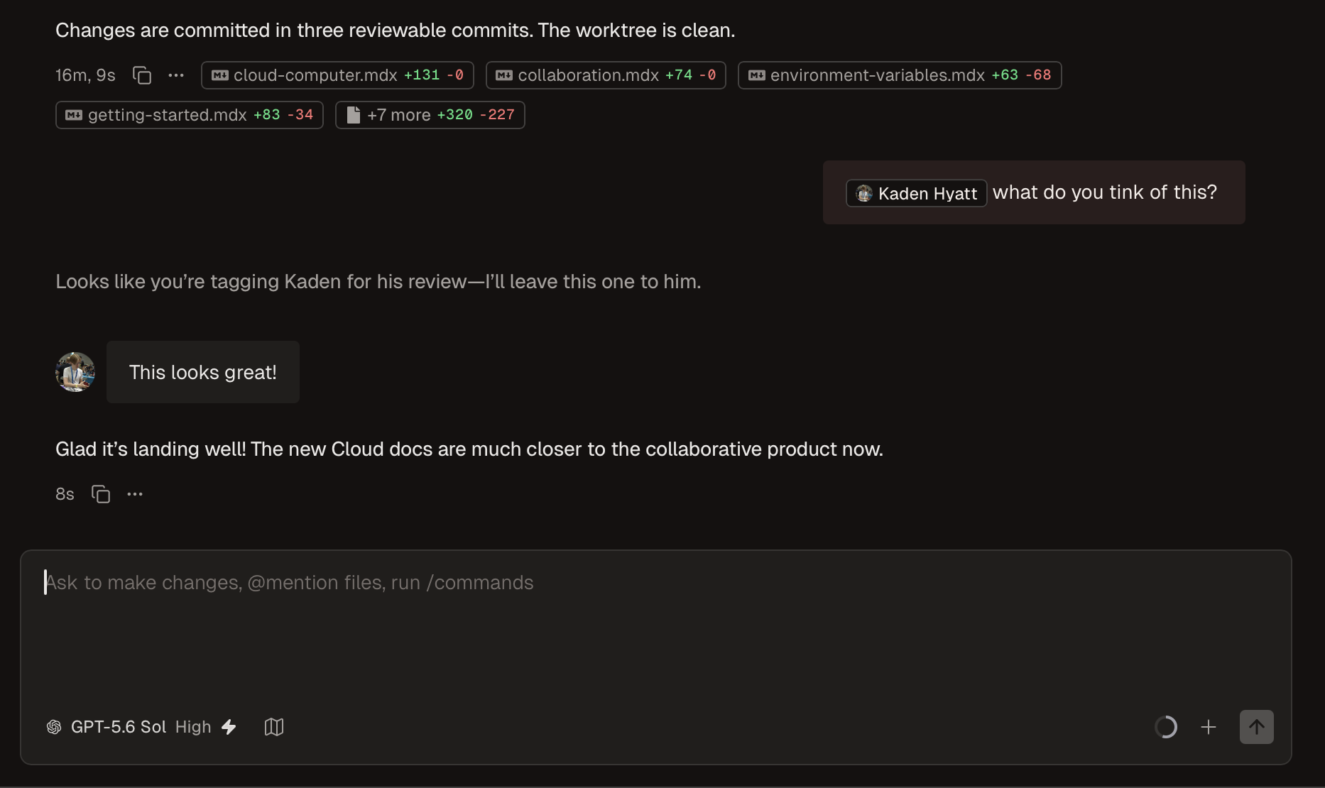 Shared Conductor Cloud conversation where one teammate mentions another in a multiplayer workspace