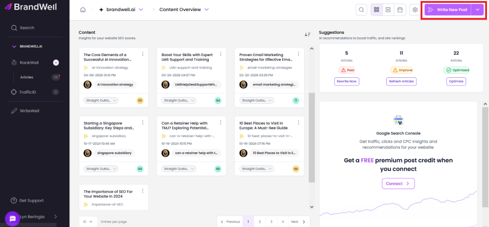 RankWell Content Overview dashboard listing articles with SEO scores and Rewrite, Refresh and Optimize suggestions
