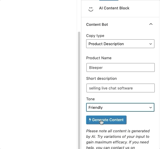 ContentBot WordPress plugin AI Content Block sidebar in the Gutenberg editor, filled in and ready to generate