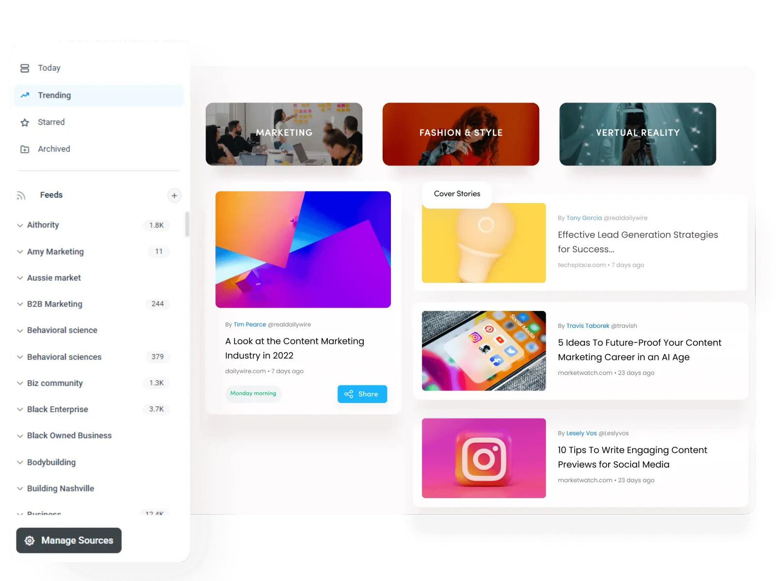 ContentStudio Discover module showing trending and viral content suggestions