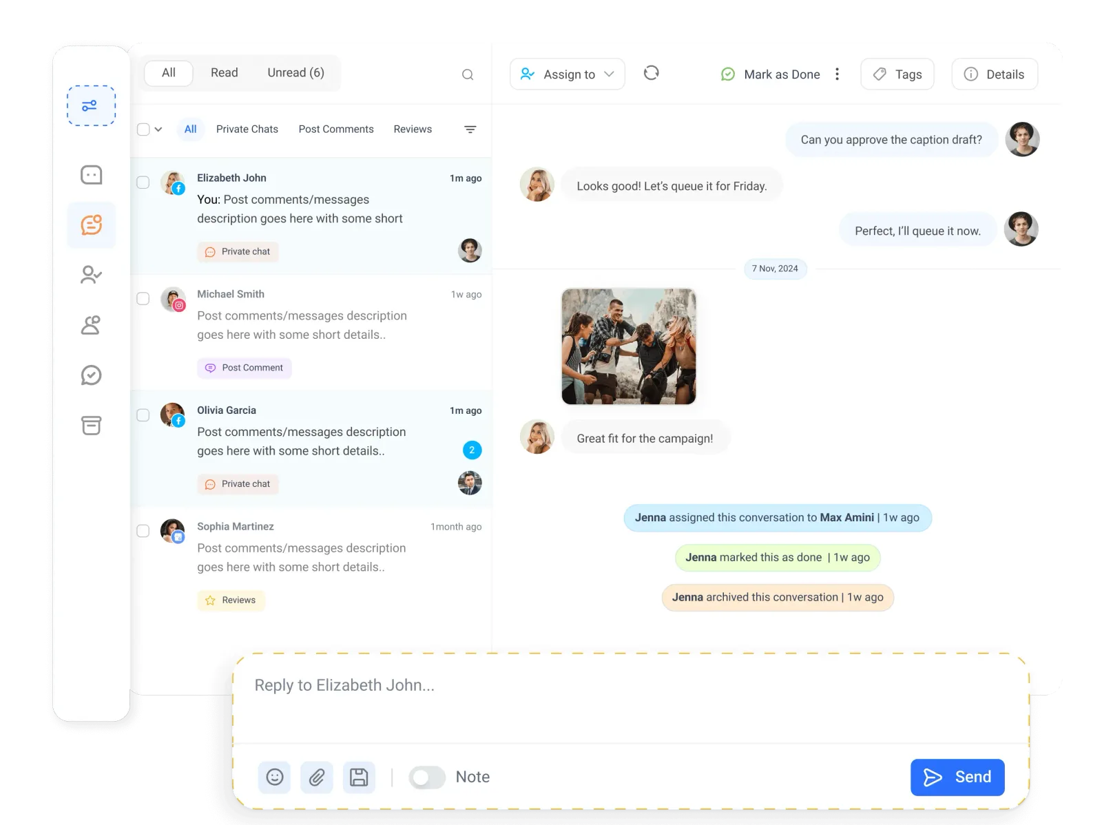 ContentStudio Social Inbox showing comments and direct messages from connected accounts