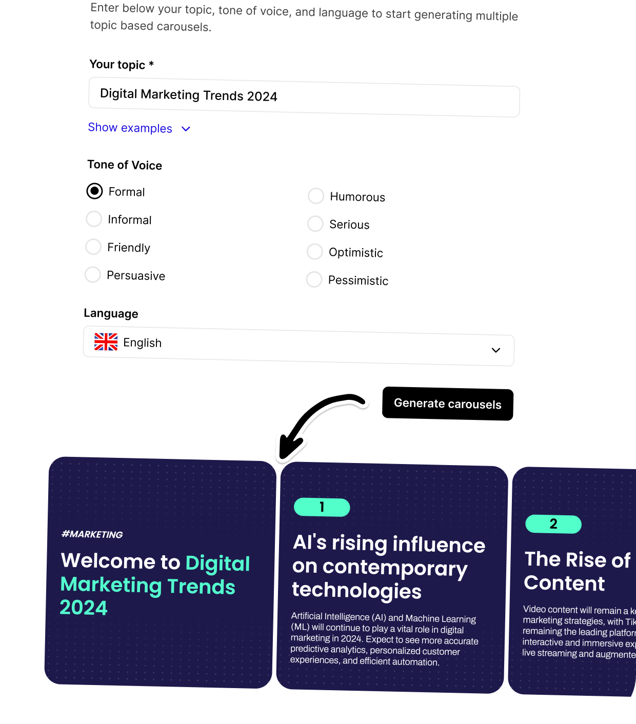 Create Carousel's AI generation turning a topic, article URL or YouTube video into carousel slides
