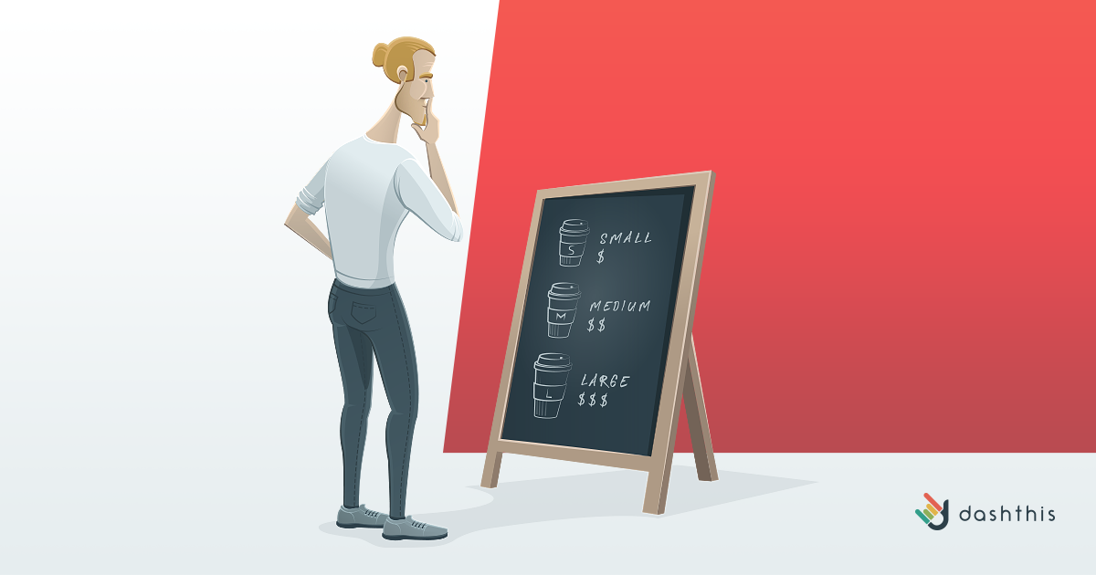 DashThis pricing illustration showing small, medium and large plan sizes on a chalkboard menu