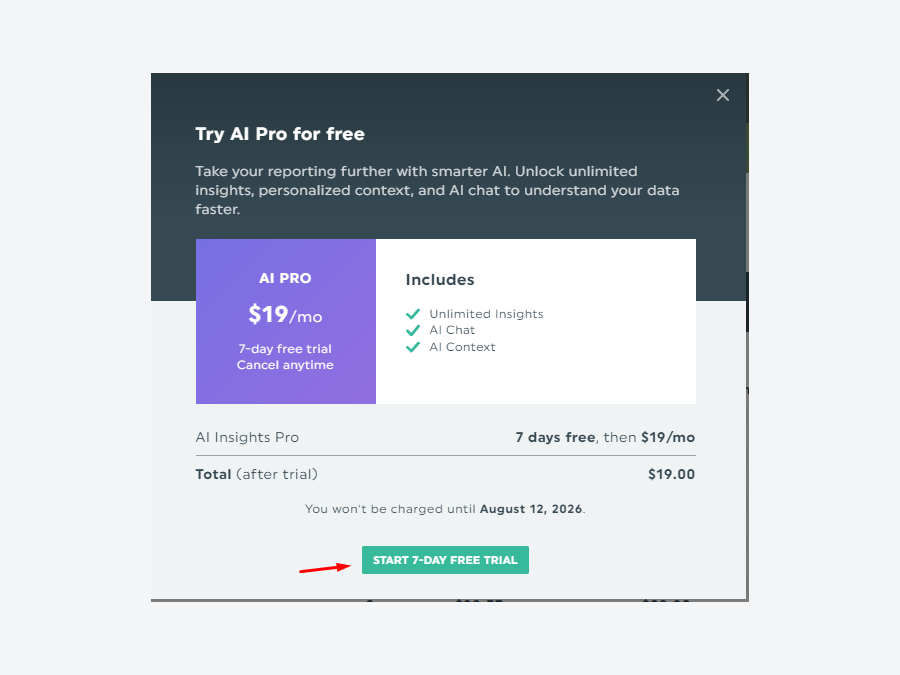 DashThis in-app offer for AI Insights Pro at $19 per month after a 7-day free trial, with unlimited insights, AI chat and AI context
